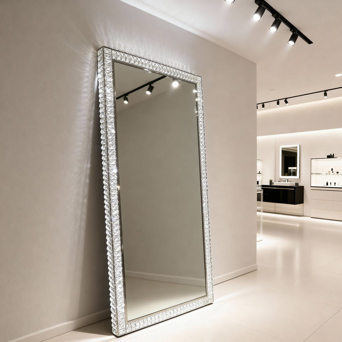 LED crystal mirror with crystal edge and backlit lighting