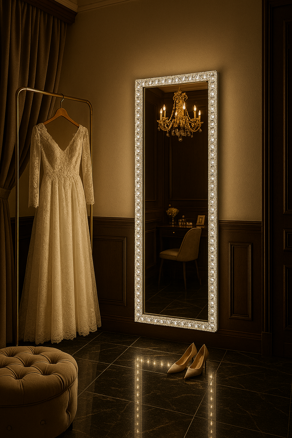 Crystal-frame LED mirror used in contemporary interior design