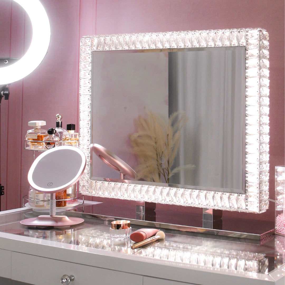 Luxury Art Deco LED Crystal Vanity Mirror – Diamond-Framed Makeup Mirror with Dimmable Lighting