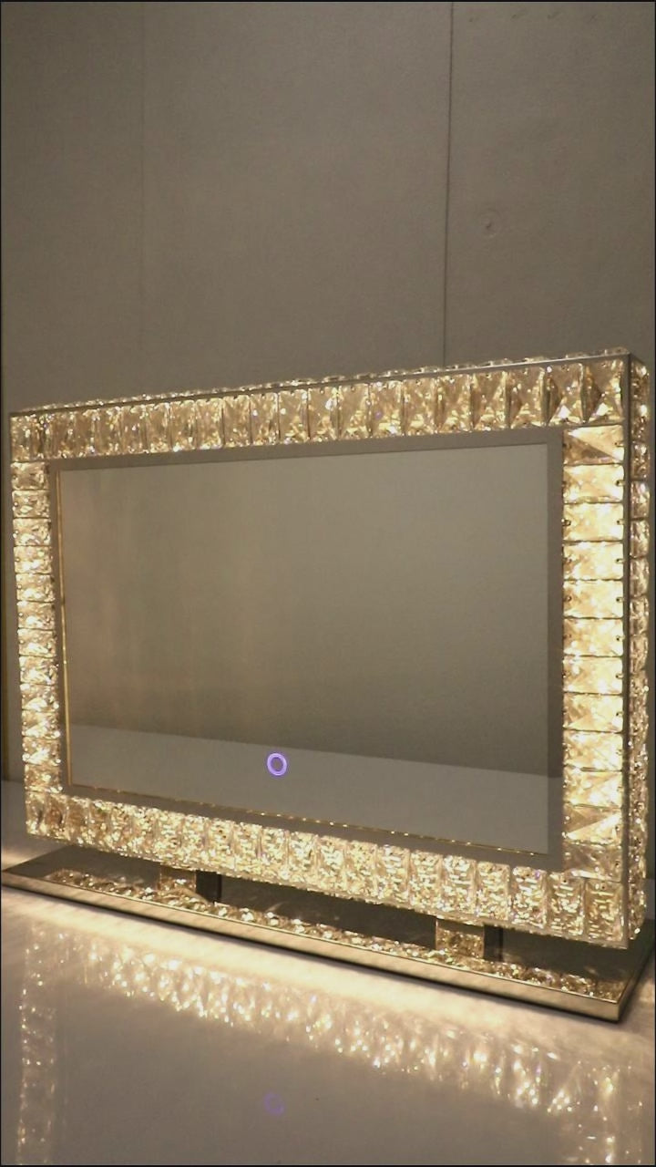 Luxury Art Deco LED Crystal Vanity Mirror – Diamond-Framed Makeup Mirror with Dimmable Lighting