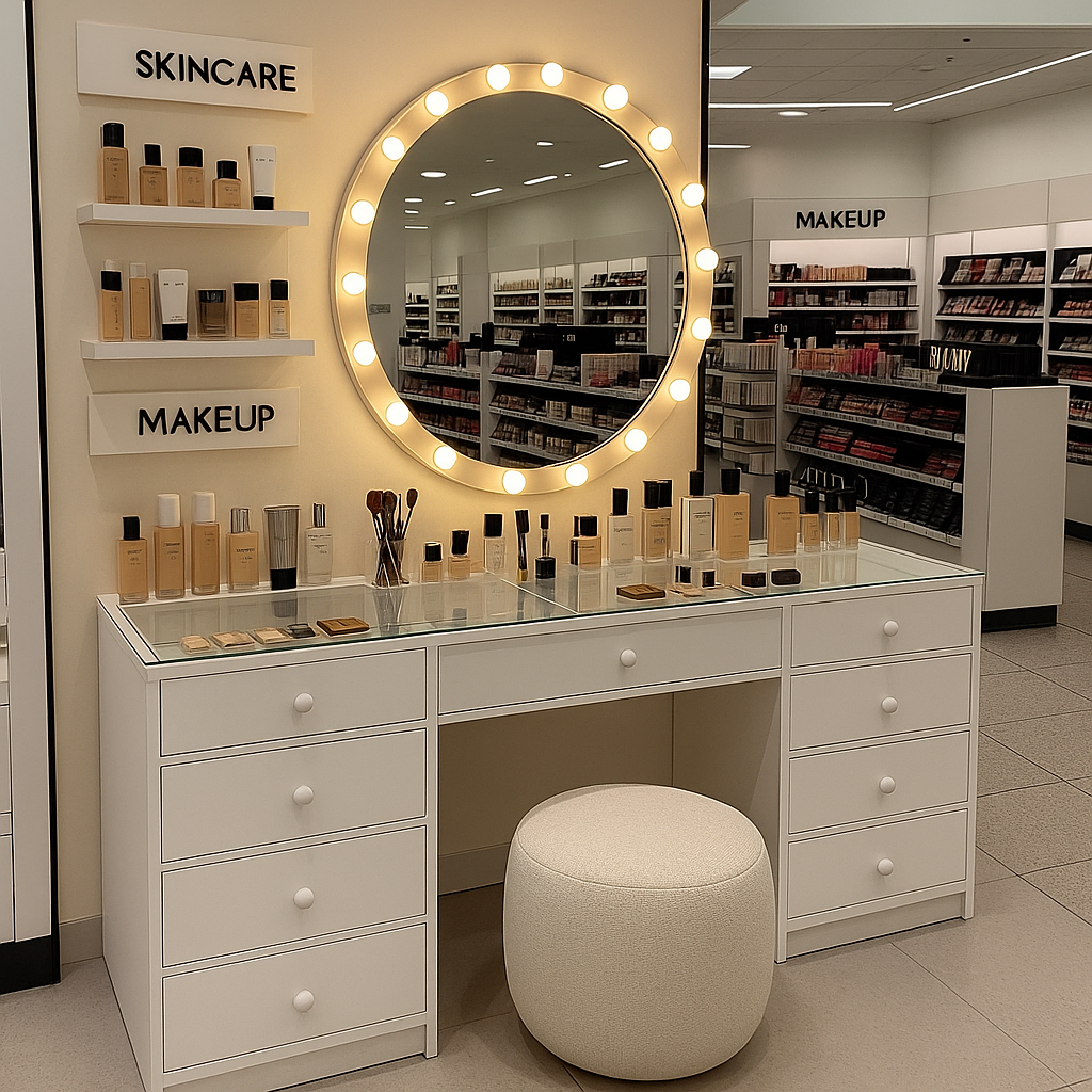 white dressing table with 13 drawers and tempered glass tabletop