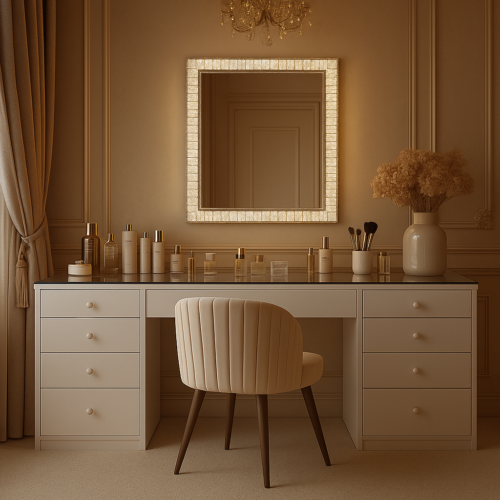 white vanity table with optional 800x600 LED mirror for beauty room and salon use
